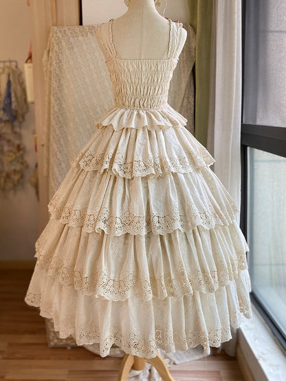 Beige Multi-layer Ruffles Elegant Lolita Skirt Floral Embroidery Details - Miss Point