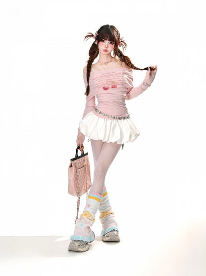 Pink Off-the-shoulder Neckline Thumbhole Cuffs Cherry Print Glamorous Top