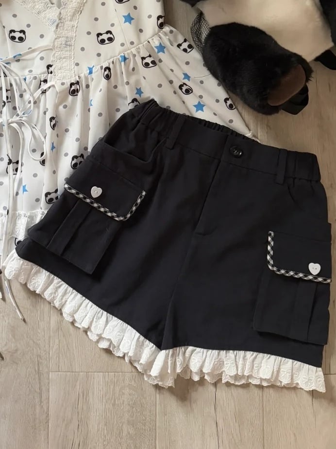 Lace Trim Button - Waistband Partial Pockets Heart with Black Shorts Elastic Embellished