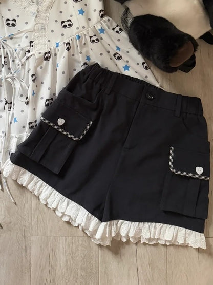 Lace Trim Button - Waistband Partial Pockets Heart with Black Shorts Elastic Embellished