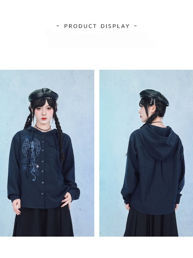 Navy Long Sleeve Hooded Shirt with Sea Angel Graphic Print - Quirky Hut