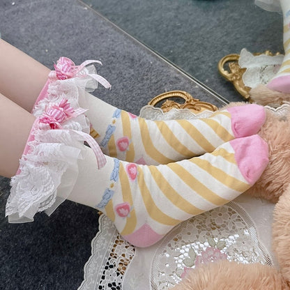 ピンク＆イエローのスイートロリータリボン結びストライプカーフソックス（白袖口付き）