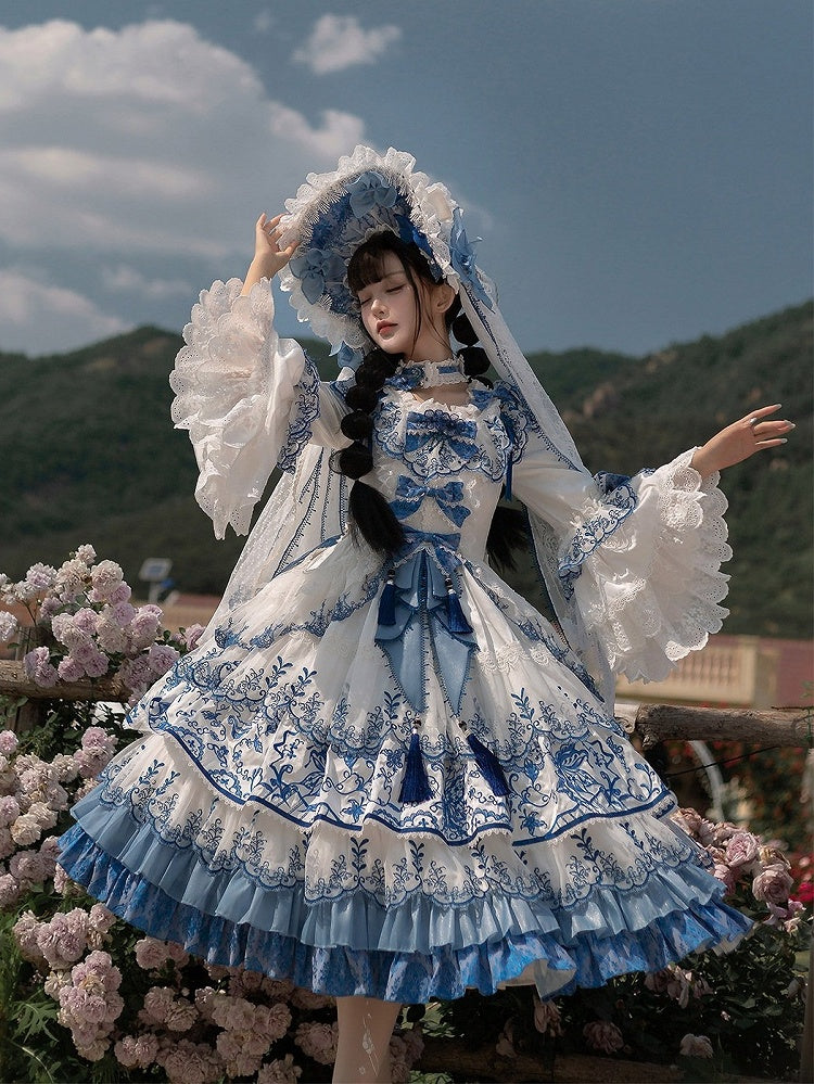 Blue Floral Embroidered Lace Short Sleeve One-Piece - Bramble Rose
