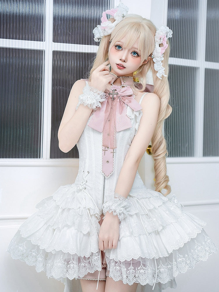 Träger Spaghetti JSK Lolita Rosa Balletcore Weißes Korsett + Kleid