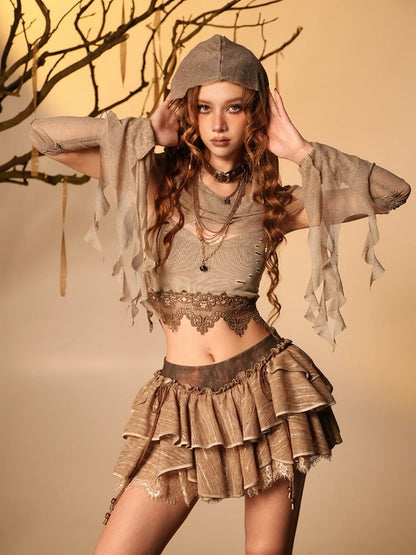 Brown Glitter Sheer Mesh Hood - Virtual Orbit