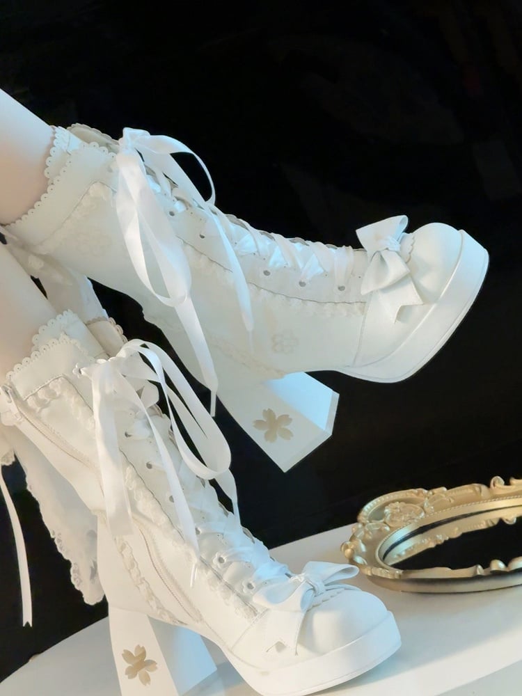 Sweet Heel Accents Sakura White Design Mid-calf Cut-out Lolita with Bow Boots