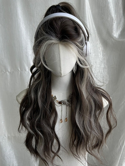 Braune und blonde Highlights, lange, gewellte Kunsthaarperücke mit Pony