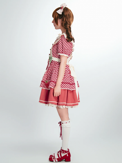 Kleid mit kariertem Lolita-Kragen, Peter-Muster, Erdbeer-Pfanne, süße rosa Schürze