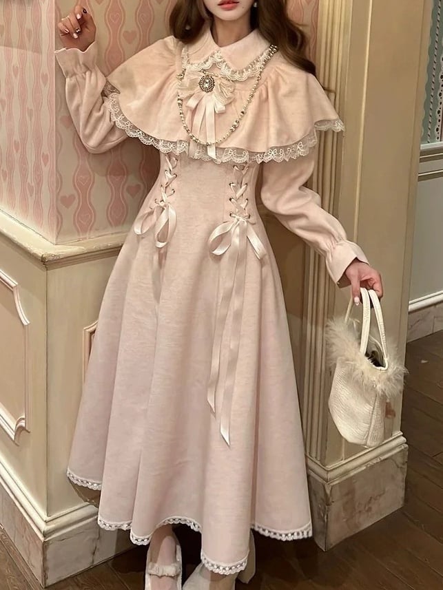 Clean Kei Lacing Jirai Dress Cape Waist Innocent Wool with Thick Style Pink