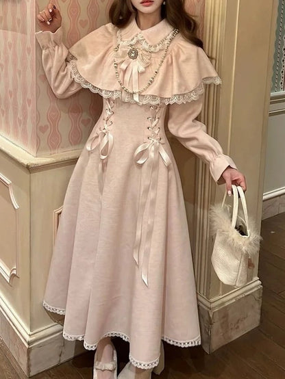 Clean Kei Lacing Jirai Dress Cape Waist Innocent Wool with Thick Style Pink