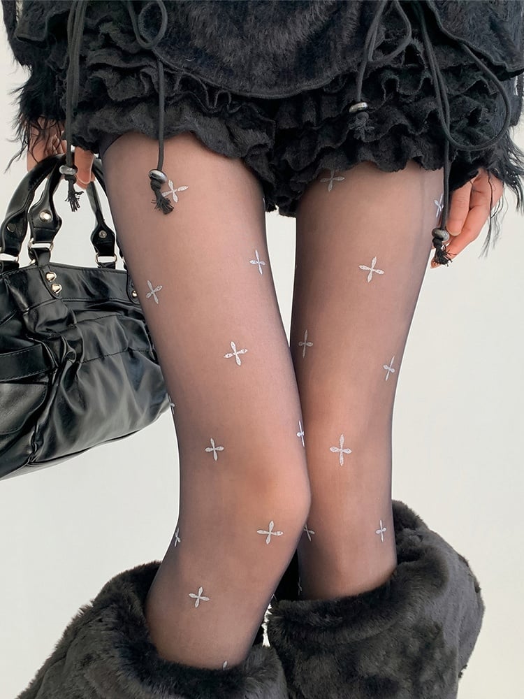 Black Sheer Cross Pattern Rhinestone Pantyhose