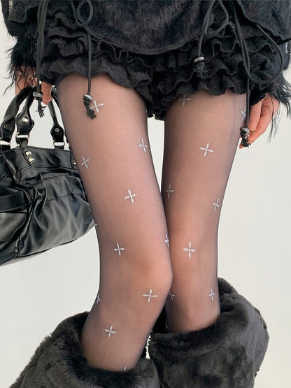 Black Sheer Cross Pattern Rhinestone Pantyhose