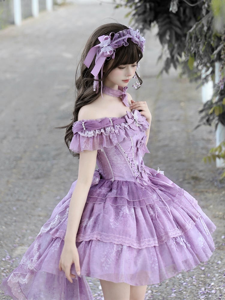 Fairy Lolita Taillenschleppe Balletcore Kleid Großes Korsett Glyzinien Tüllschleife mit Print Lila