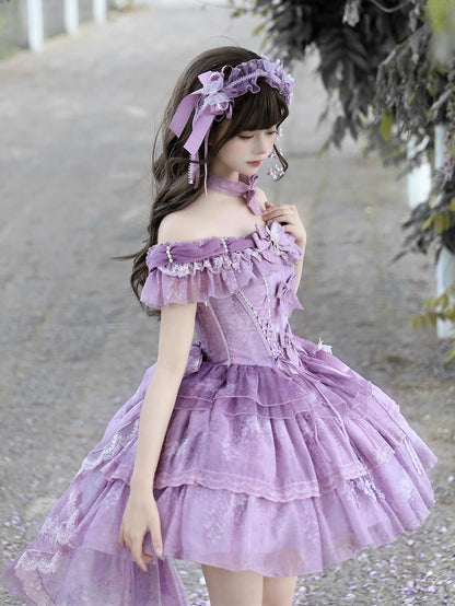 Fairy Lolita Taillenschleppe Balletcore Kleid Großes Korsett Glyzinien Tüllschleife mit Print Lila