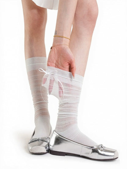 Sheer Bow Calf Socks with Stripe Pattern - ModaSwings