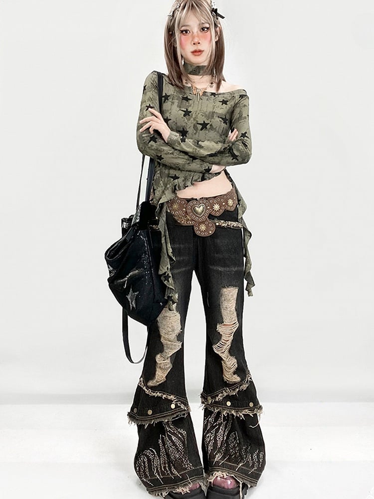 Rhinestone Fishtail Jeans with Distressed Holes - ReddaChic