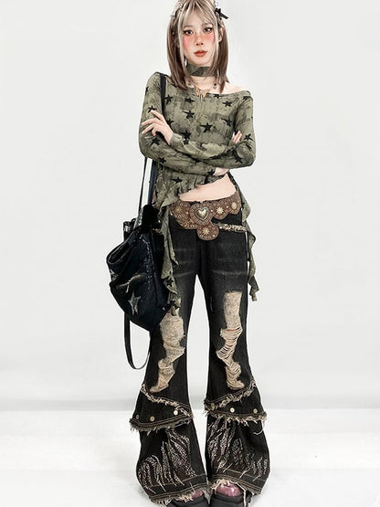 Rhinestone Fishtail Jeans with Distressed Holes - ReddaChic