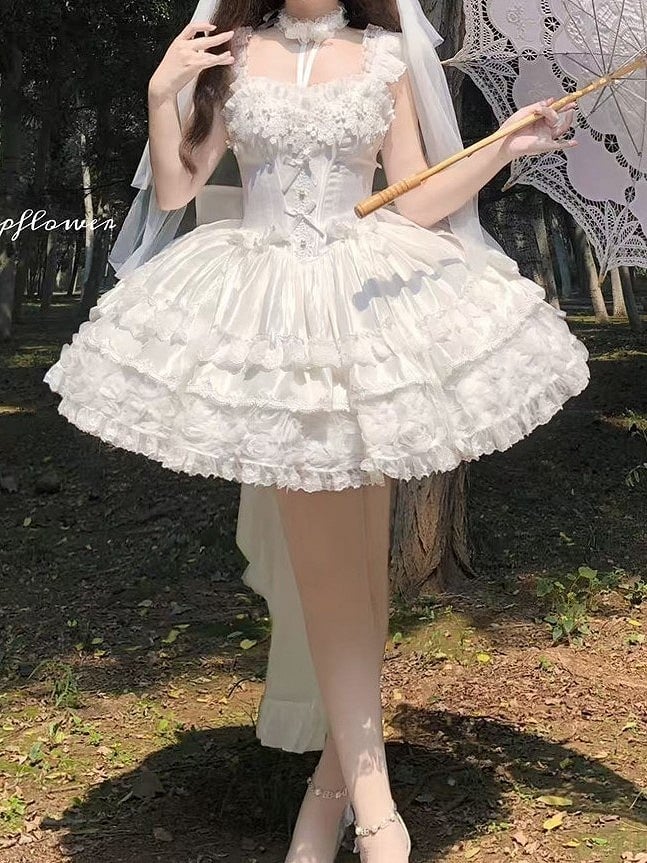 Blooming Layered Jacquard Hime Lolita Dress – Basque Waist with Lace & Fluffy Flower Accents | Sheer Ocean