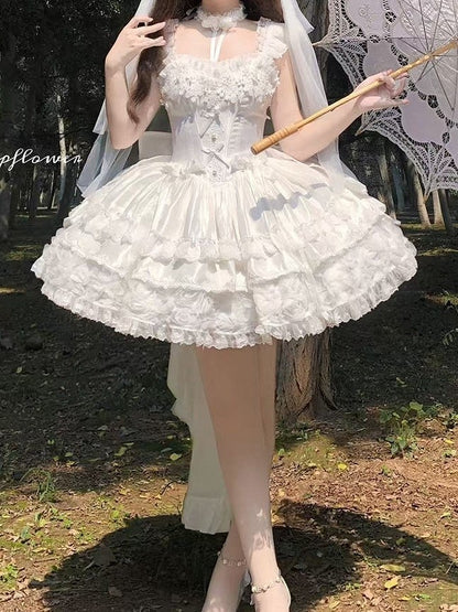 Blooming Layered Jacquard Hime Lolita Dress – Basque Waist with Lace & Fluffy Flower Accents | Sheer Ocean