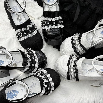 Platform Heels: 12cm White Heart Lace with Kei Jirai Rhinestone