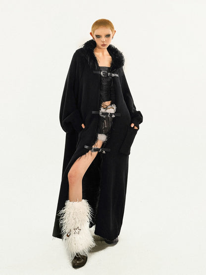 Coat Buckle Details Faux Knit Hooded Trim Fur with Black