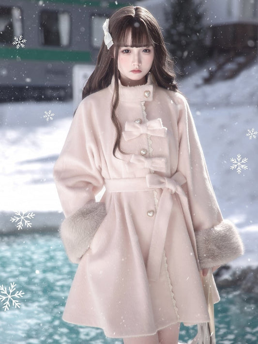 Jirai Pure-Style Button Heart Bowknot Wool Coat Decor Pink Kei