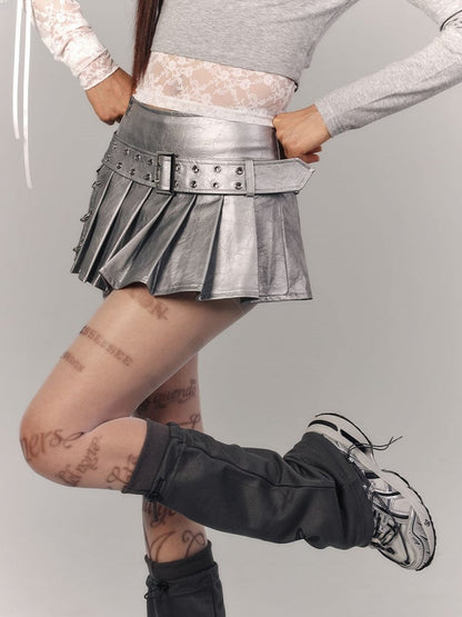 Silver Skirt Mini Pleated Studded PU Metal Rings with Lettering