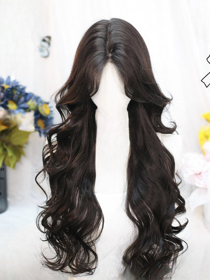 Black Tea/Brown Under Bust Length Wavy Wig with Curtain Bangs