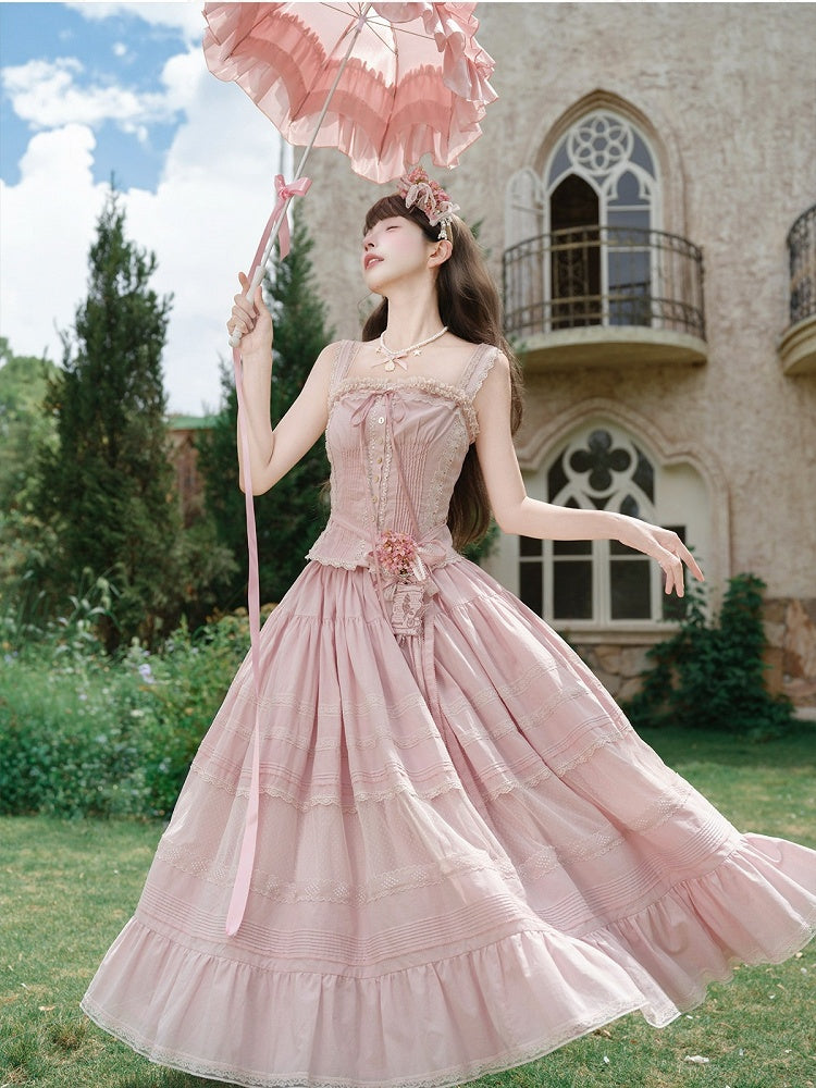 Pink Sleeveless Lace Top with Floral Belt and Skirt - Penny House