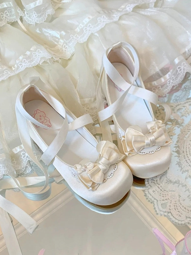 Beige Satin Low Heels for Lolita - Removable Ankle Strap & Bow Decor with Delicate Scalloping
