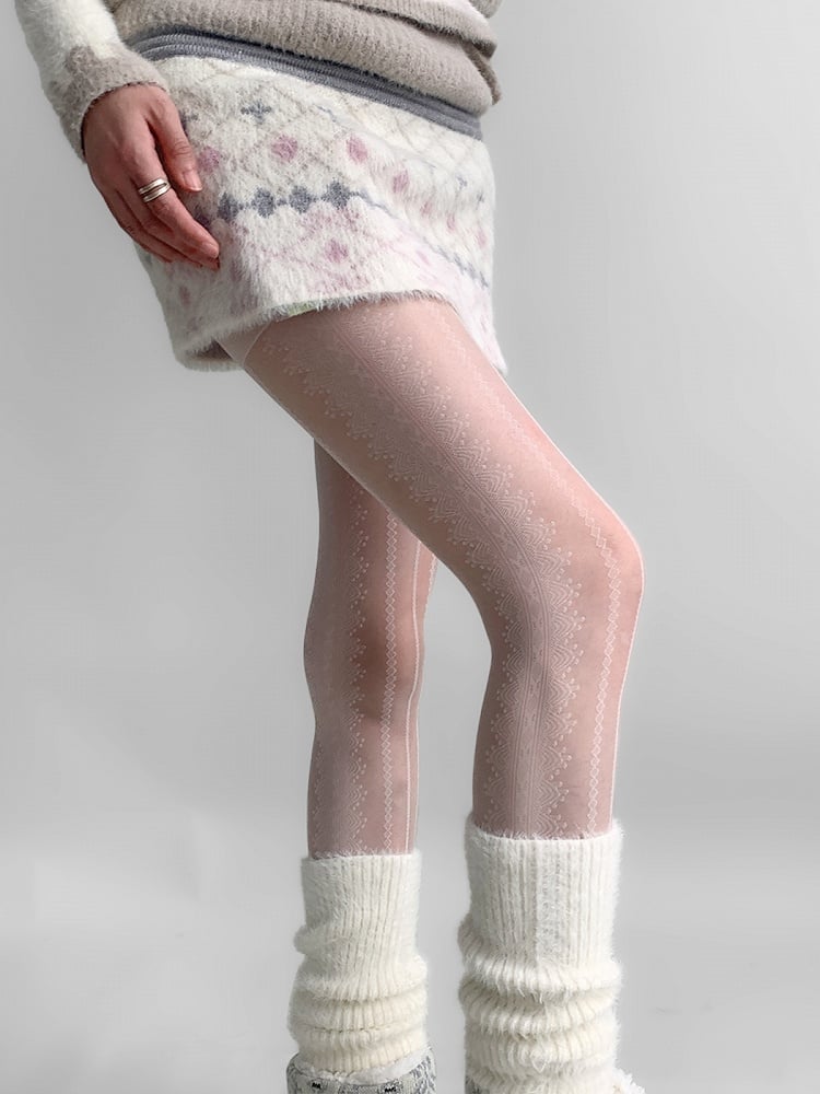 Diamond Patterned Cream Tights White/Black/Gray Plaid Lace