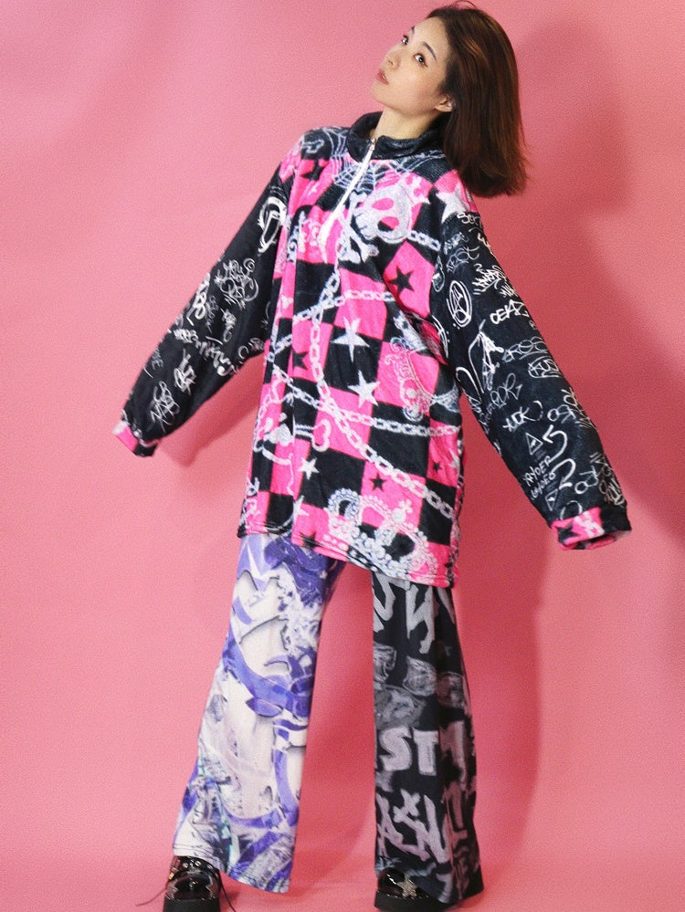 Und Skelett Karierte Krone Y2K Print Stern Oversize Muster Sweatshirt Schwarz