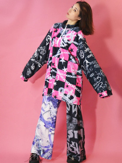 Und Skelett Karierte Krone Y2K Print Stern Oversize Muster Sweatshirt Schwarz