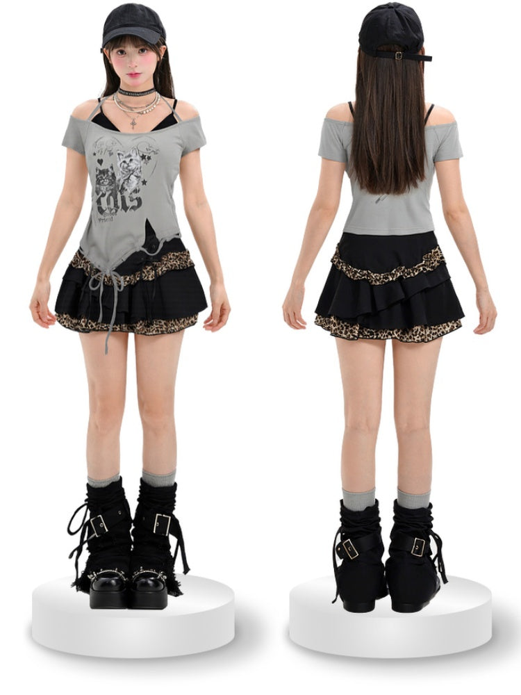 Two-pieces Hem Y2K Grey Cutout Shoulder Cat Print Drawstring T-Shirt Faux