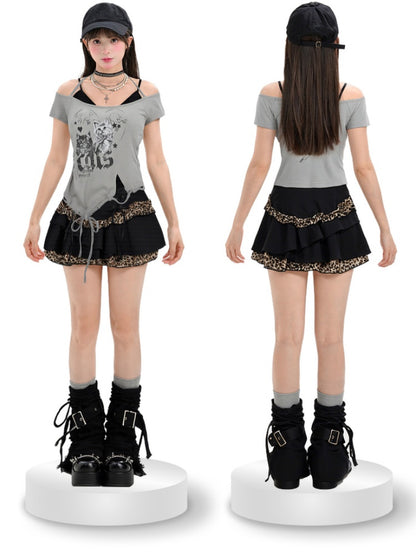 Two-pieces Hem Y2K Grey Cutout Shoulder Cat Print Drawstring T-Shirt Faux