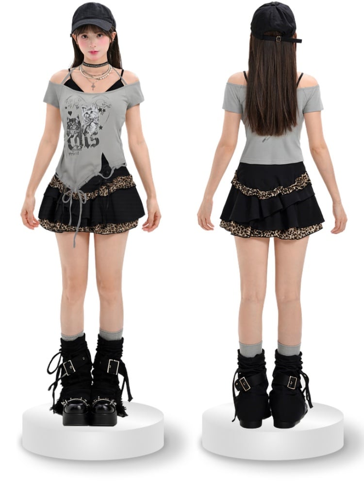 Y2K Schwarzer Mini-Stufenrock mit Leopardenmuster und glamourösen Schnürdetails