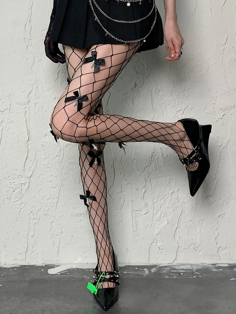 Charm Strumpfhose mit Schleife und Netzdetails, Schwarz, Y2K, Perlen