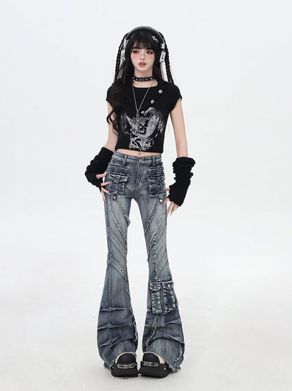 ブルー ローライズ 切りっぱなし裾 フェードウォッシュ フレア カーゴジーンズ Y2K