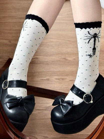 Spider Polka-Dot Socken Lolita Kalb Schwarz Gabel Muster