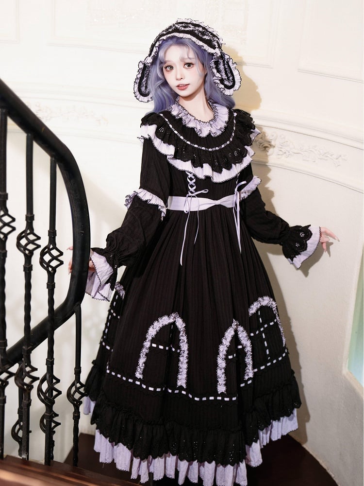 Purple Lolita Black Ruffle Gothic Dress Sleeves Sash Details Long and with Witchy
