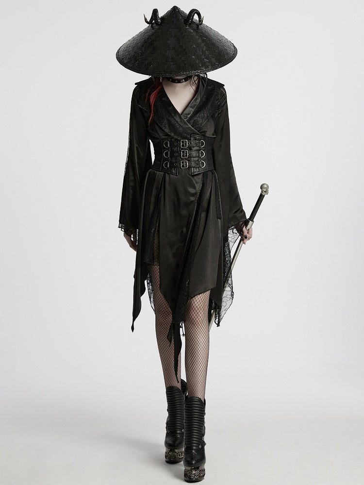 Asymmetric Goth Black Lapel Kimono
