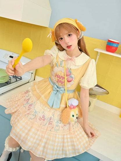 Strawberry Cake Embroidery Bow Creamy Yellow Tiered Lolita Dress Sweet Skirt Big