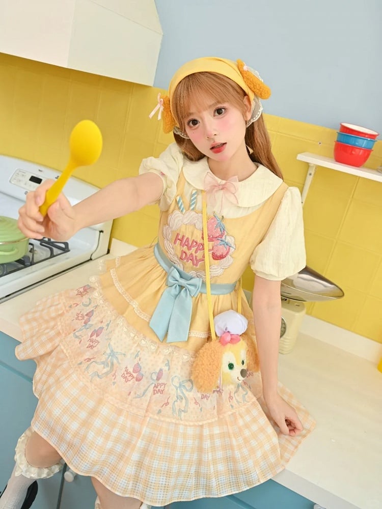Erdbeerkuchen Stickerei Süßer Rock Lolita Kleid Große Schleife Cremegelb Stufen
