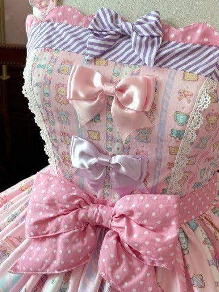 Blush Lace Bow JSK with Bear Motif and Sweet Details - Sweet Dream Shop
