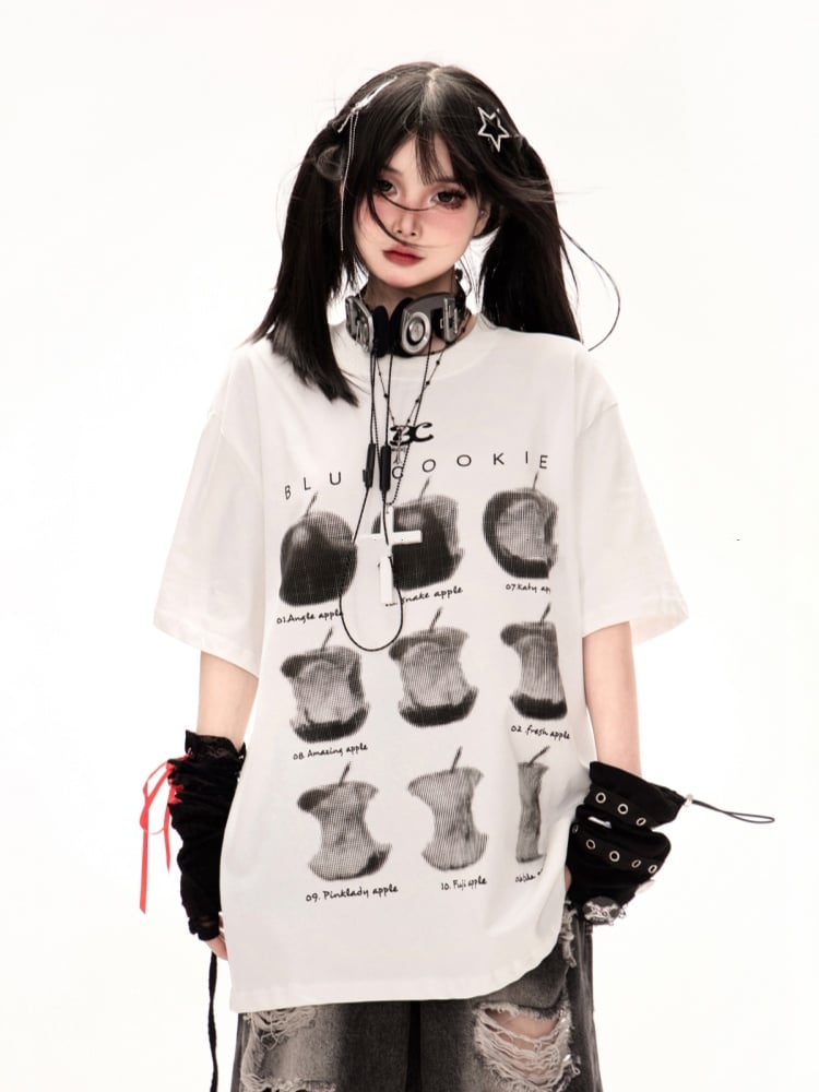 Tシャツ ホワイト ラウンドネック アップルプリント ルーズ