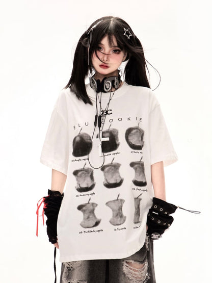Tシャツ ホワイト ラウンドネック アップルプリント ルーズ