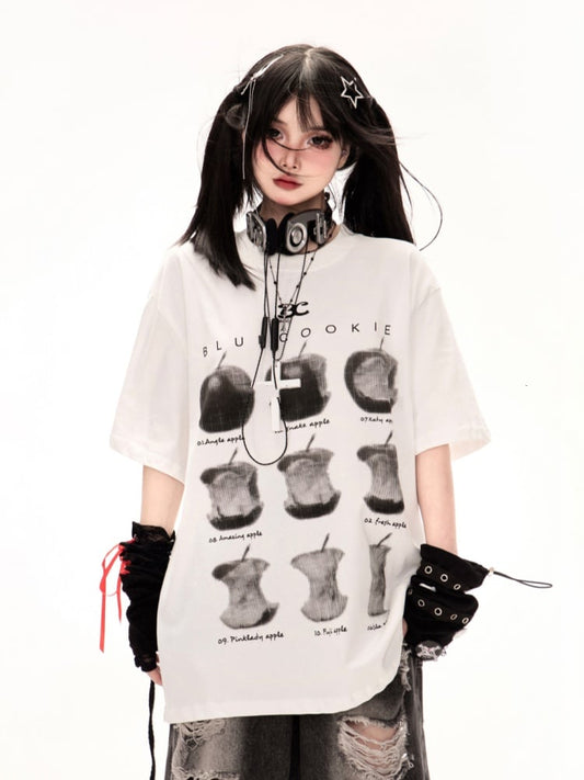 Tシャツ ホワイト ラウンドネック アップルプリント ルーズ
