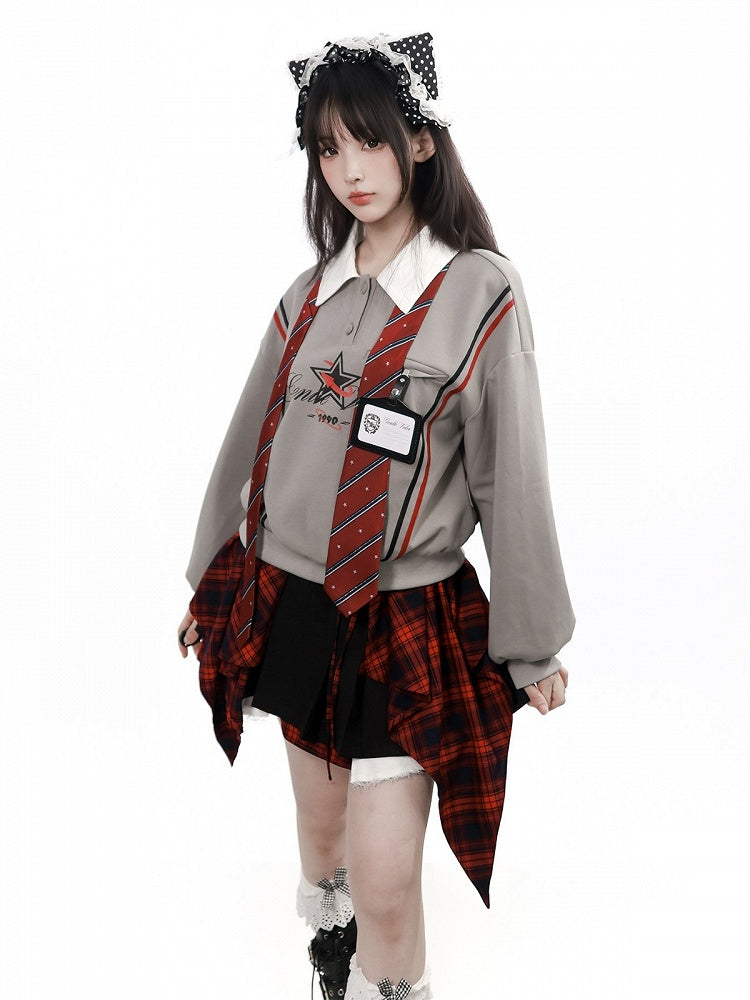 Preppy Gray Star & Letter Print Collared Sweatshirt with Matching Tie - PINK SAVIOR