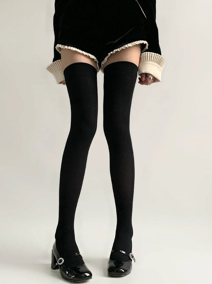 Strümpfe Weiß/Schwarz Overknee Besatzversion Gerippt Länger