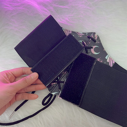 Und Taille Gyaru Fashion Moon Y2K Skelett Schwarz Schnürung PU Print Stern Geister Gürtel Details